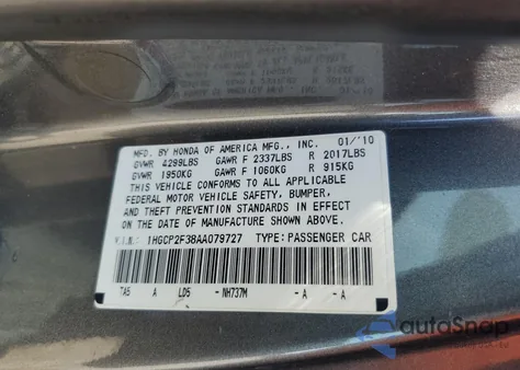 2010 Honda Accord Lx from USA, damaged, VIN 1HGCP2F38AA079727